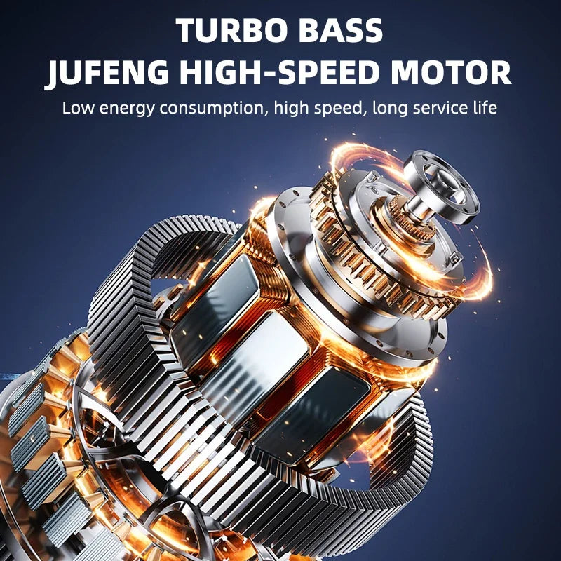 Close-up of a Turbo Bass Jufeng high-speed motor with visible gears and metallic components.