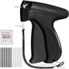 A black mini handheld stitch gun with a needle and cord, next to various sewing needles.