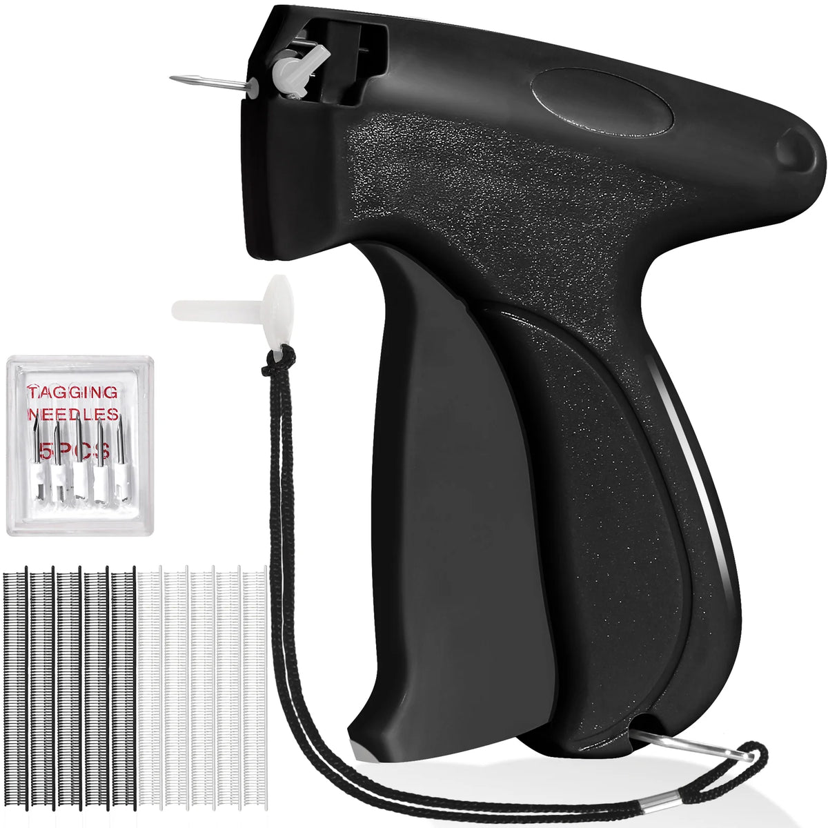 A black mini handheld stitch gun with a needle and cord, next to various sewing needles.