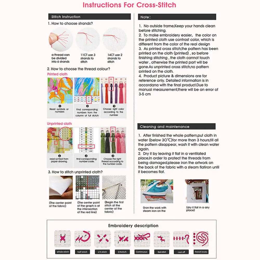 Instructions for cross-stitch include how to choose threads, color, and unprinted cloth.