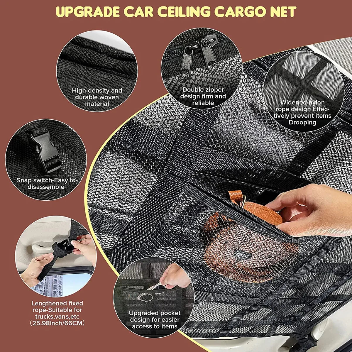 Black high-density woven cargo net for car ceiling storage featuring double zippers and rope design