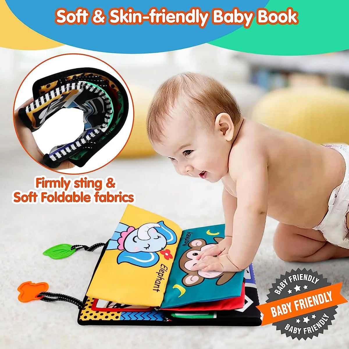 A baby book featuring a crinkle cloth and tummy time mirror for infants.