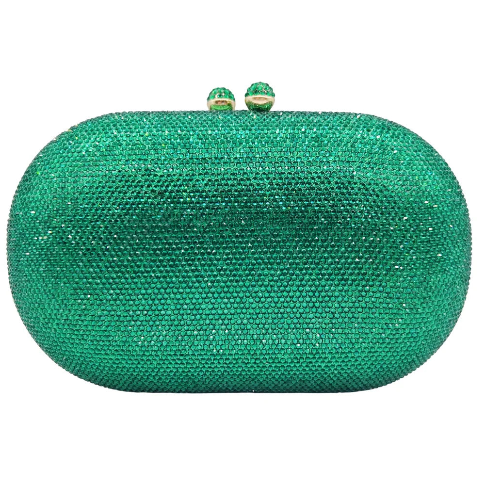 Pochette de soirée vert vif en strass avec une bandoulière à chaîne.
