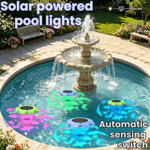 Lumières de piscine à énergie solaire avec fontaine et interrupteur automatique sensible à l'eau.