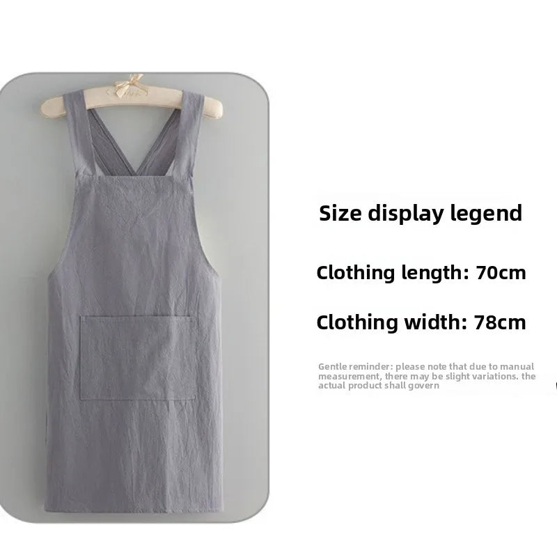 A gray cotton kitchen apron displayed on a hanger against a white background.