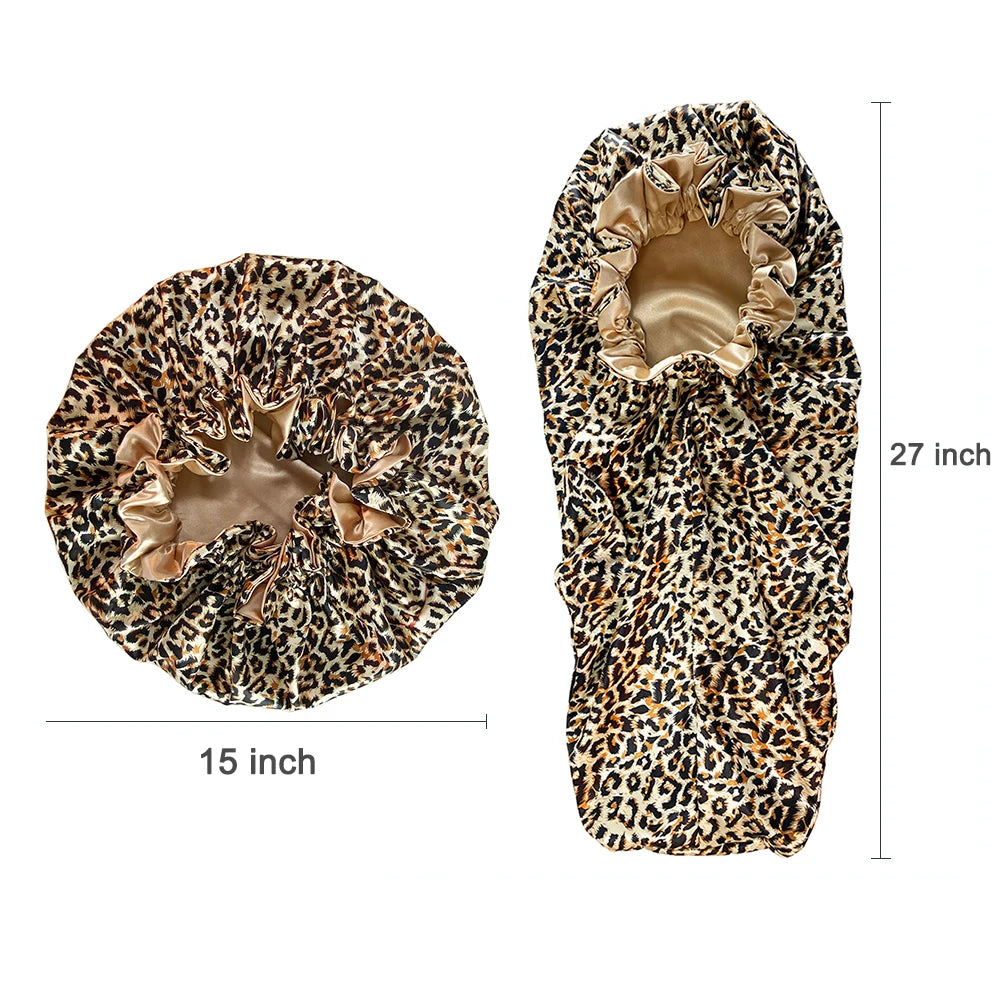 A leopard print satin hair bonnet shown flat and laid out next to a full view of the product.