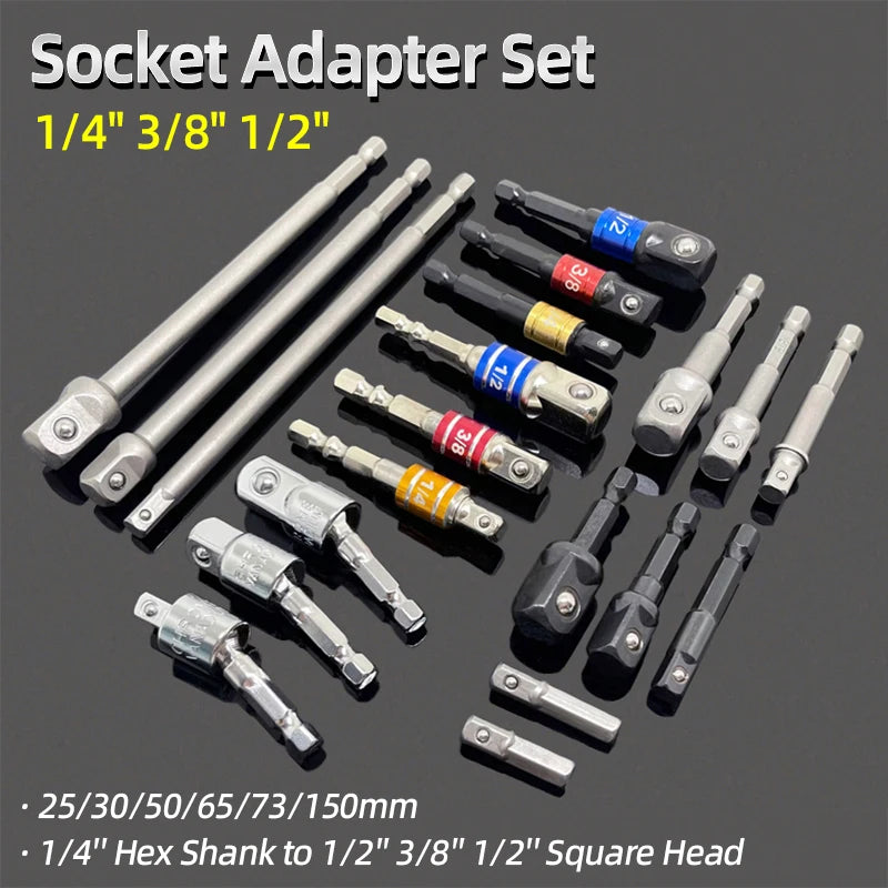 Hex Shank Socket Adapter Set for Power Drills (1/4, 3/8, 1/2 Inch)
