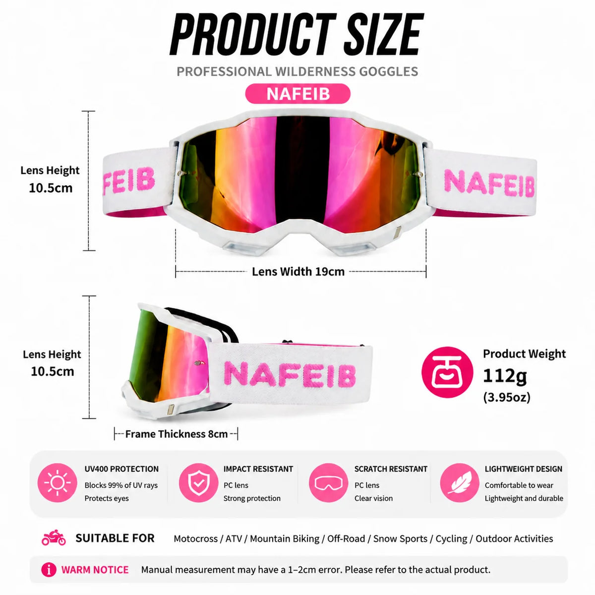 A pair of NAFEIB professional wilderness goggles with a white frame and multi-colored lens shown in various dimensions.