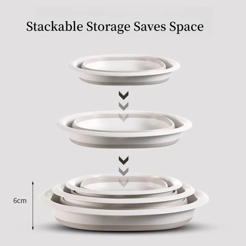 Stackable white silicone washbasins shown in various stacks, demonstrating space-saving storage.