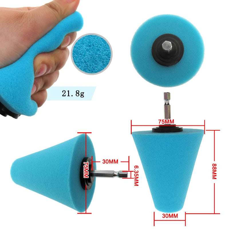 A set of blue conical sponge polishing cones for automotive detailing, showing various sizes and components.