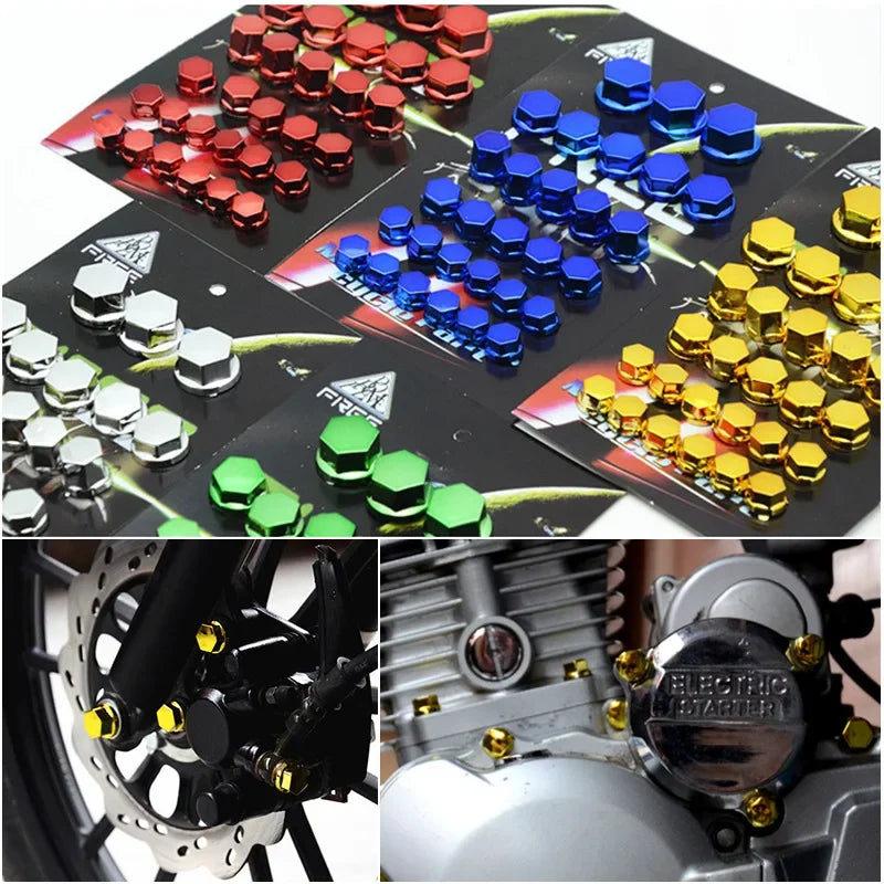A set of 30 decorative bolt caps in red, blue, and gold colors for motorcycle screws.