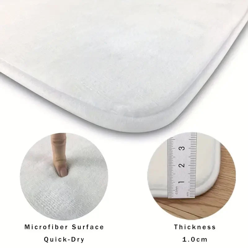 Close-up view of a white microfiber quick-dry mat showing its thickness and surface texture.