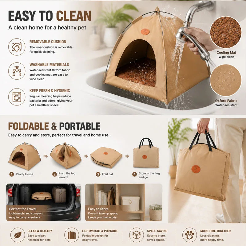 A tan pet teepee tent with a removable cushion being filled with water for cleaning.