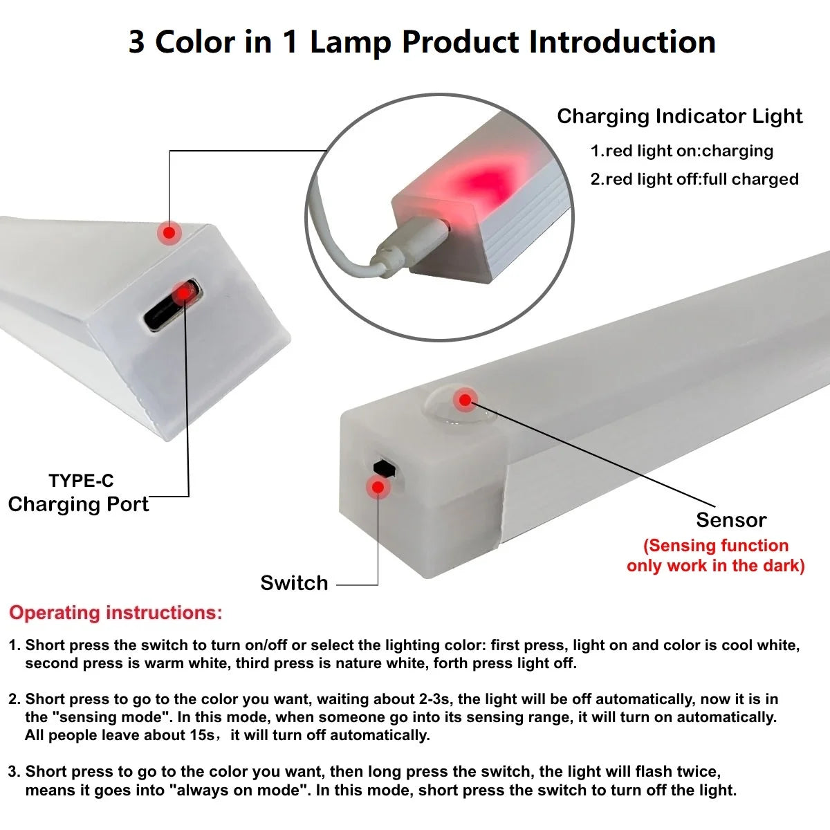 A white rechargeable LED motion sensor night light showing its charging indicator and switch features.