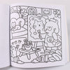 Line art illustration of a teddy bear and a cat surrounded by leaves and flowers for a coloring book.