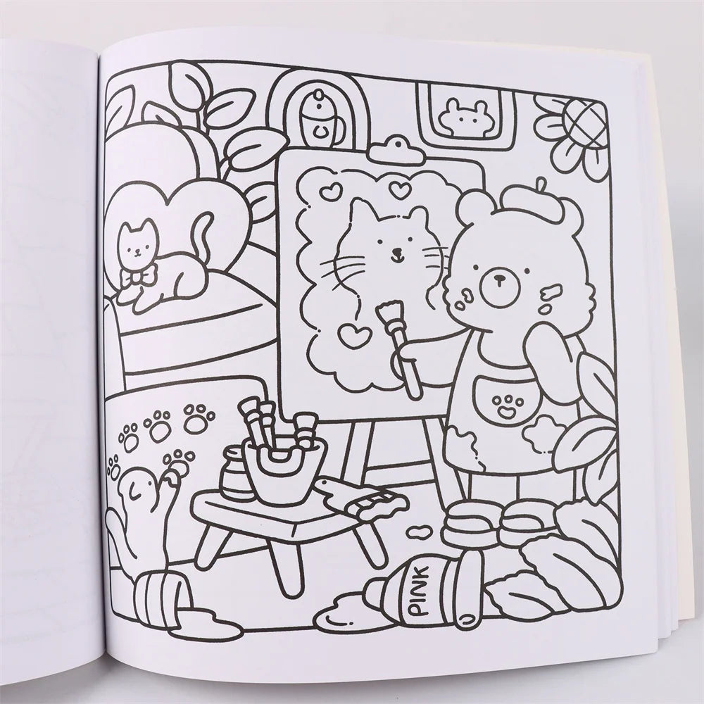 Line art illustration of a teddy bear and a cat surrounded by leaves and flowers for a coloring book.