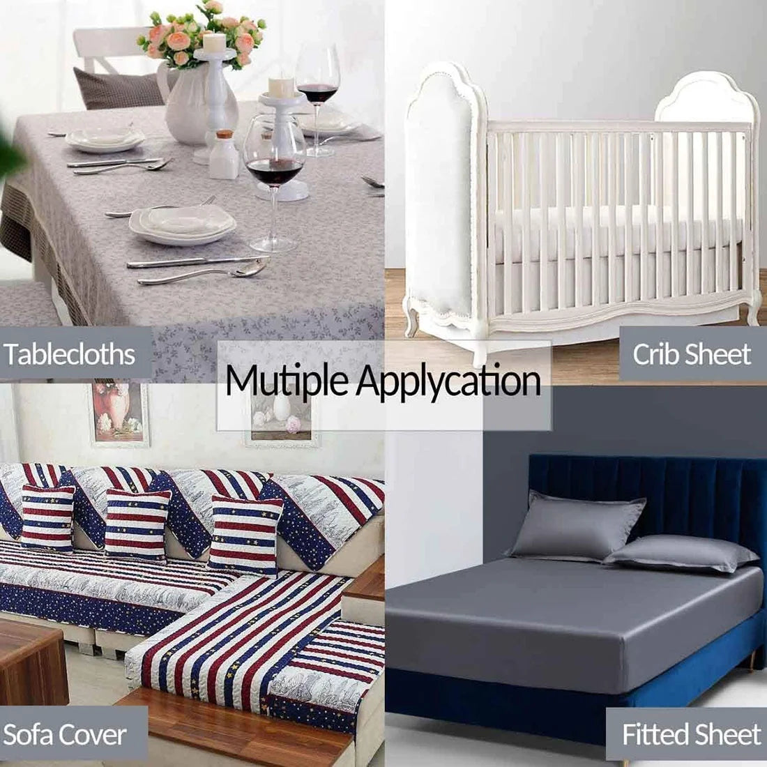 A collection of bedding items including tablecloths, a crib sheet, and a fitted sheet.