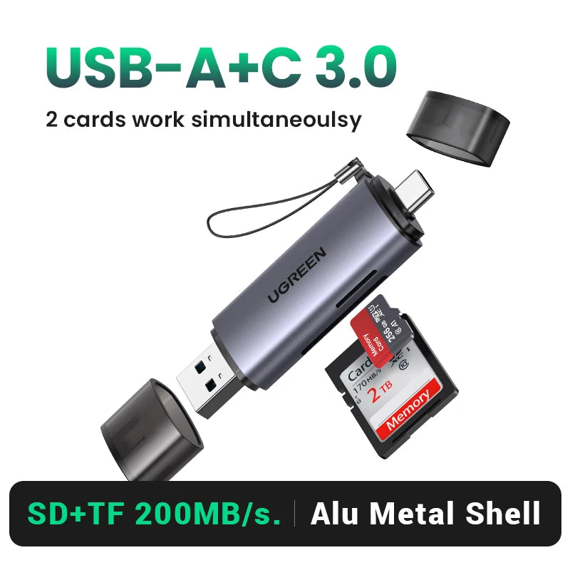 Silberner USB-A-auf-C 3.0 Kartenleser mit Aluminiumgehäuse und zwei Speicherkarten.