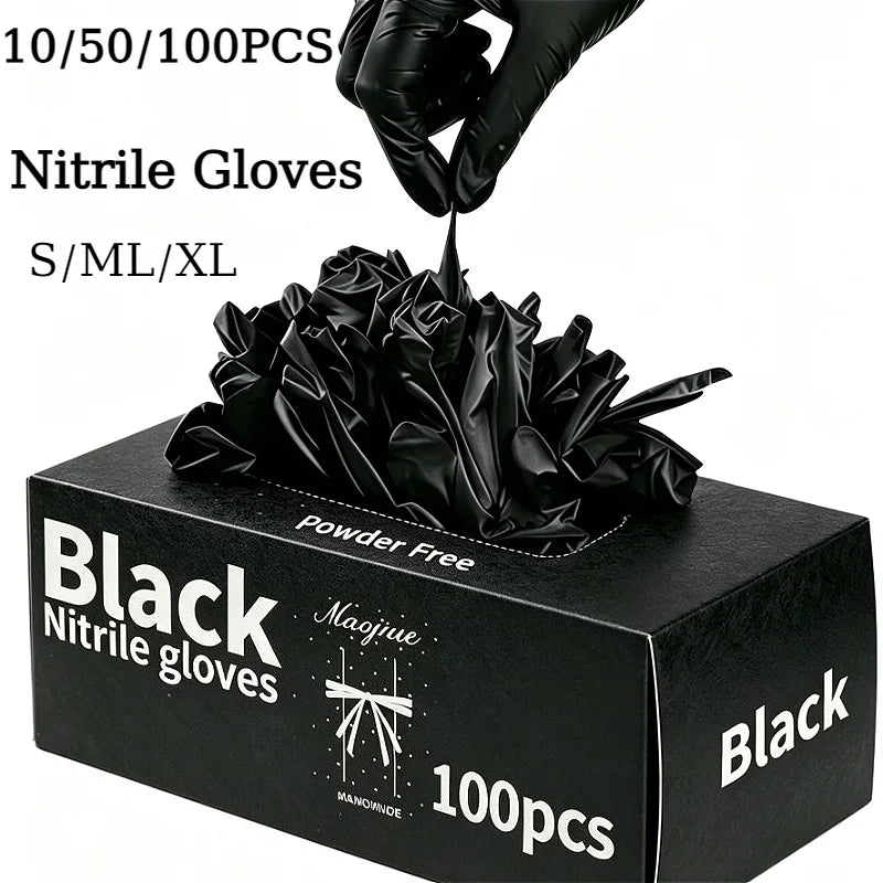 A box of black powder-free nitrile gloves is shown with a hand putting on a glove.