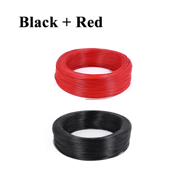 A set of black and red insulated hook-up wire, including a coil of red wire and a coil of black wire.