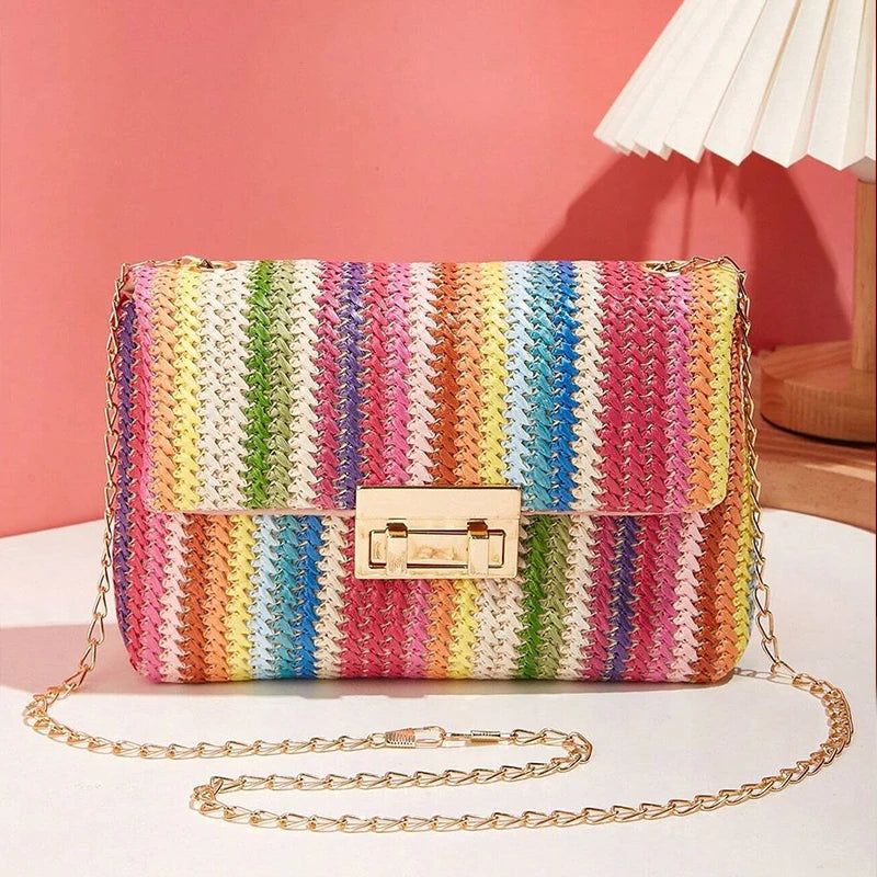 Bohemian Woven Crossbody Bag with Chain Strap