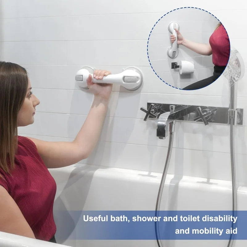 A person is installing vacuum suction grab bars on a white tiled bathroom wall.
