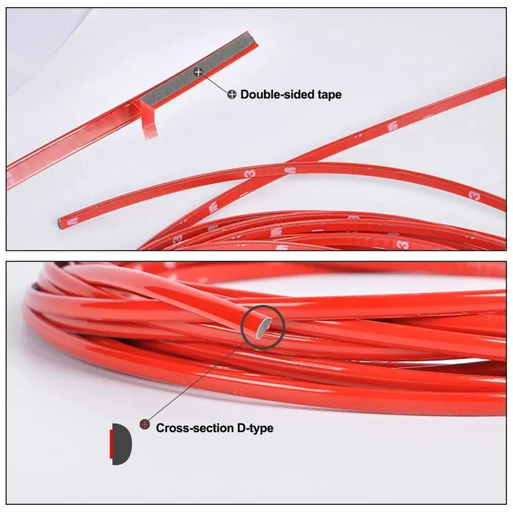 A flexible red PVC car bumper protection strip is shown with a cross-section D-type and double-sided tape.