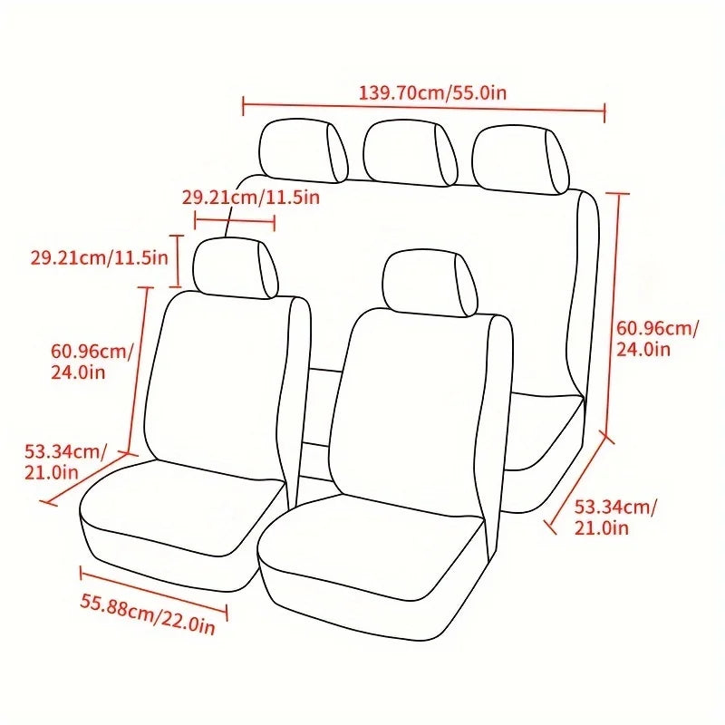 A diagram showing the dimensions of a universal 9-piece car seat cover set.