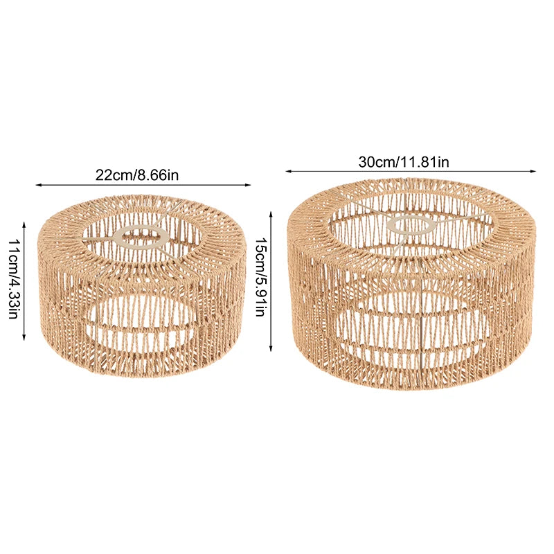 A woven paper rope pendant lampshade in a natural beige color.