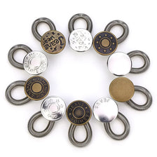 A circular arrangement of adjustable metal extender buttons for jeans and trousers with coiled rings.