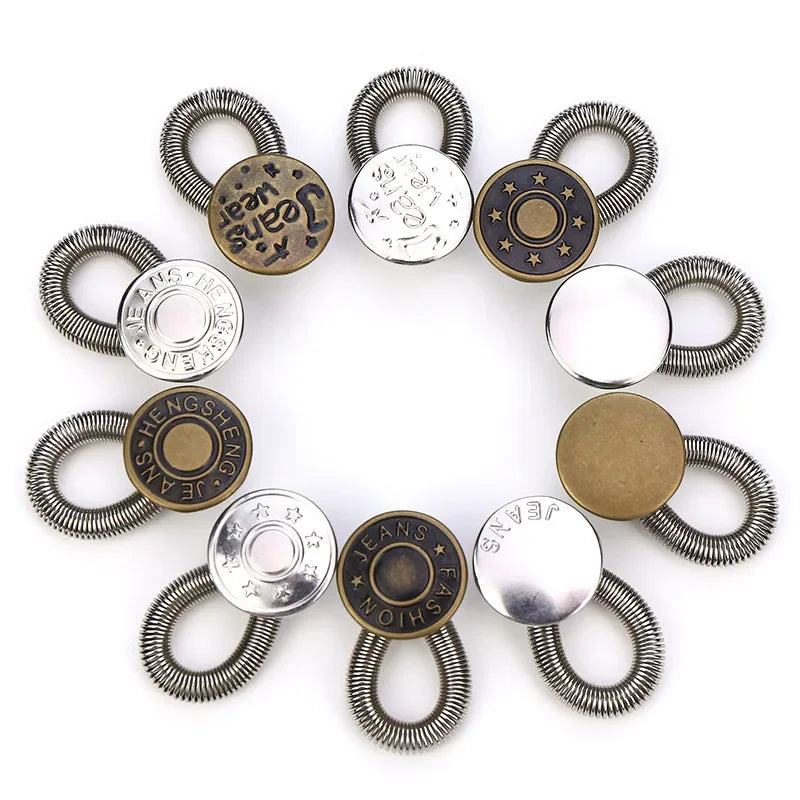 A circular arrangement of adjustable metal extender buttons for jeans and trousers with coiled rings.