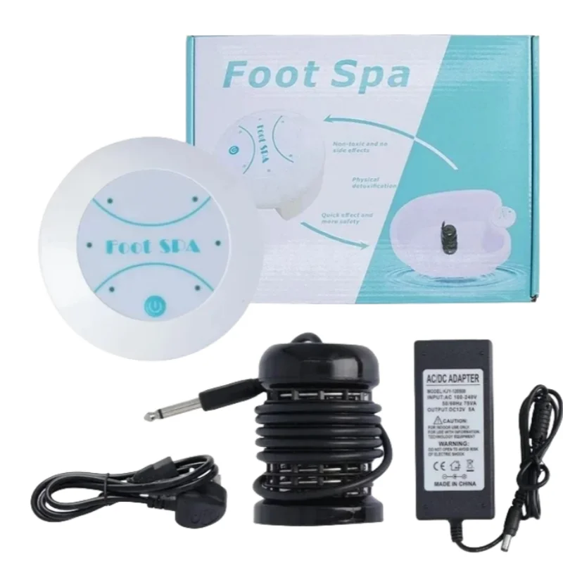 A white ionic foot spa bath device and an accompanying AC/DC adapter are shown on a box.