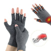 Gray compression arthritis gloves shown on hands and wrist, with a close-up of the palm showing red inflammation.