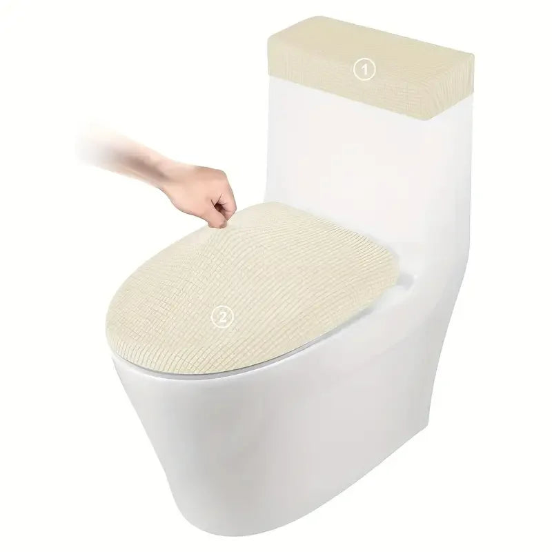 A white toilet seat with a beige fleece cover and lid, showing the product components.
