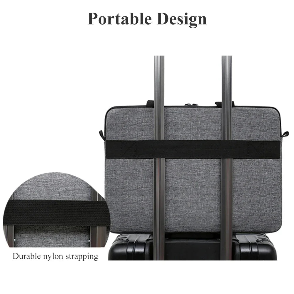 Tragbare Laptop-Messengertasche mit grauem Stoff und schwarzem Nylonriemen in vertikaler Ansicht.