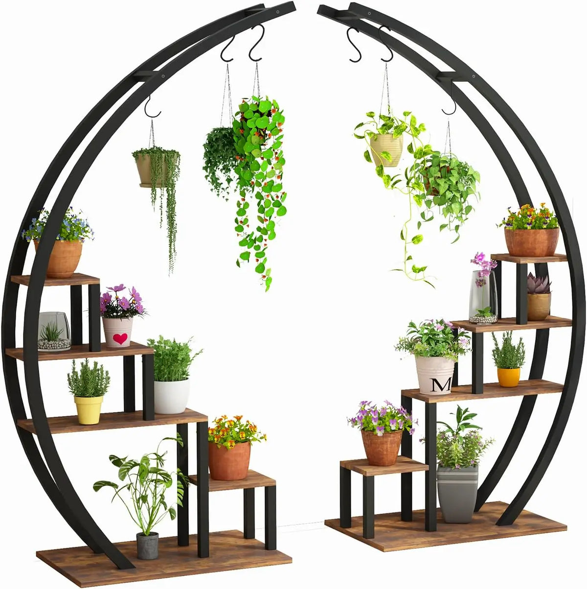 A black metal half moon plant stand with five tiers and hanging hooks displaying various green plants.