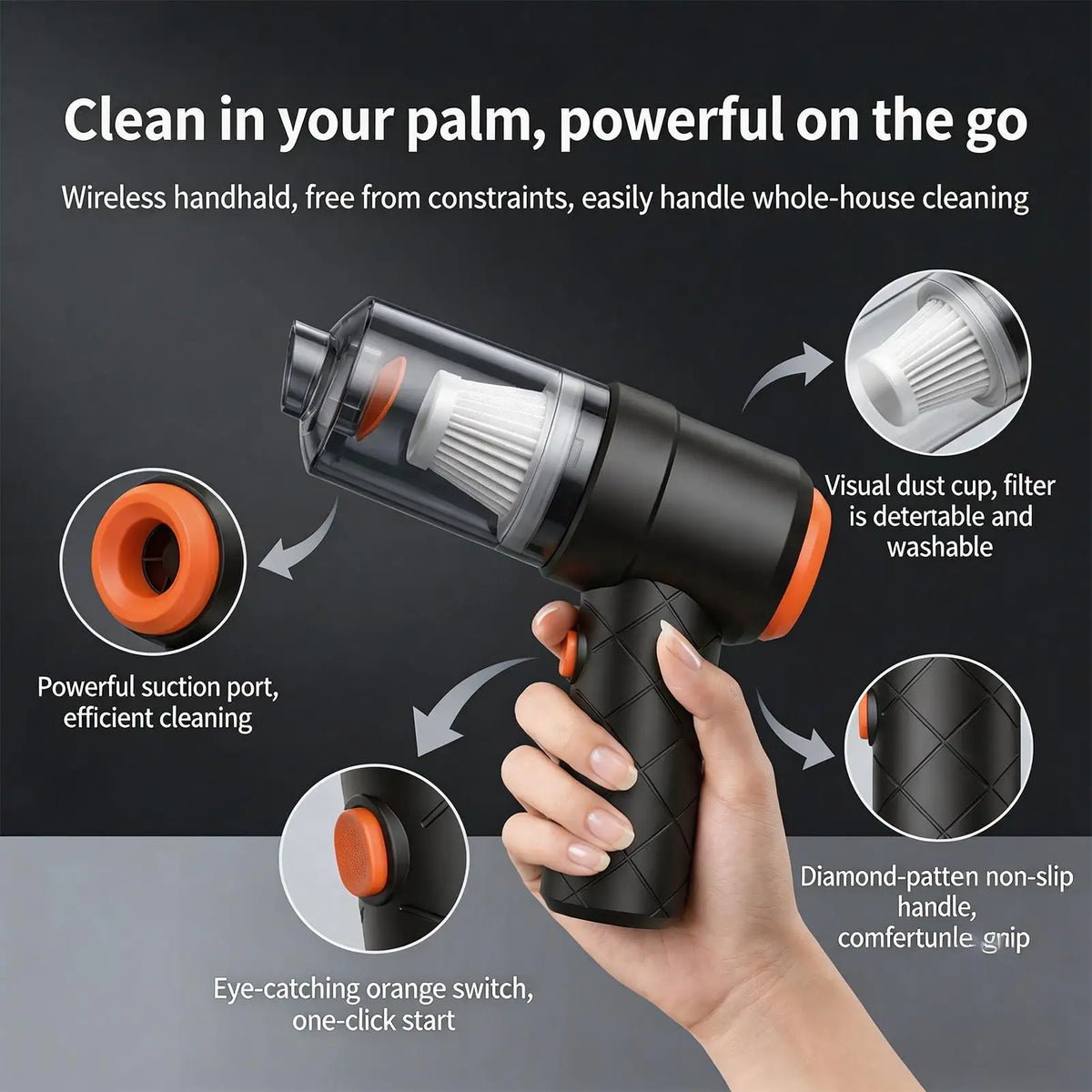 A hand is holding a black cordless handheld vacuum cleaner with an orange switch and suction port visible.