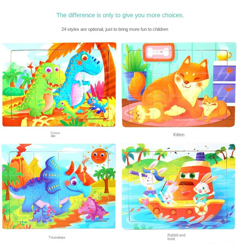 A collection of wooden animal jigsaw puzzles featuring dinosaurs, cats, foxes, and rabbits.