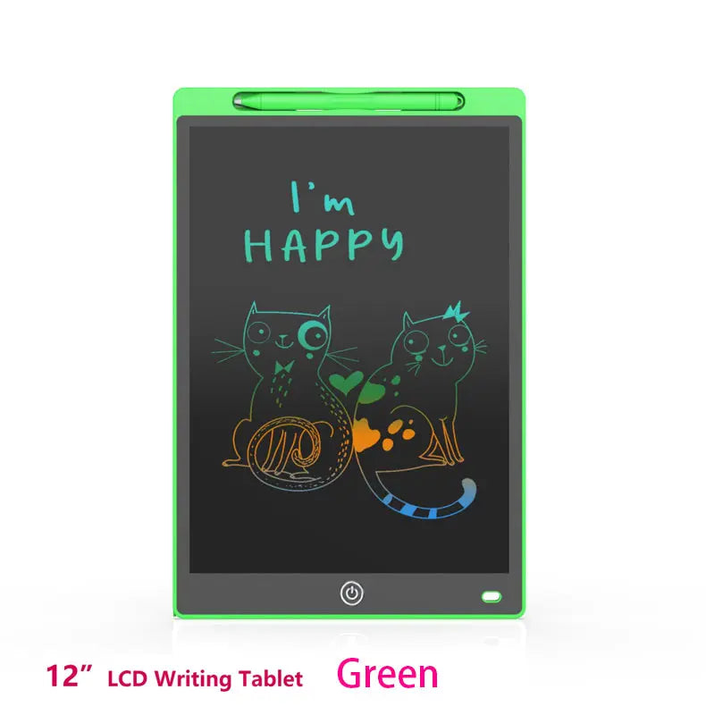A green 12-inch LCD writing tablet displaying the text I'm happy and two cats.