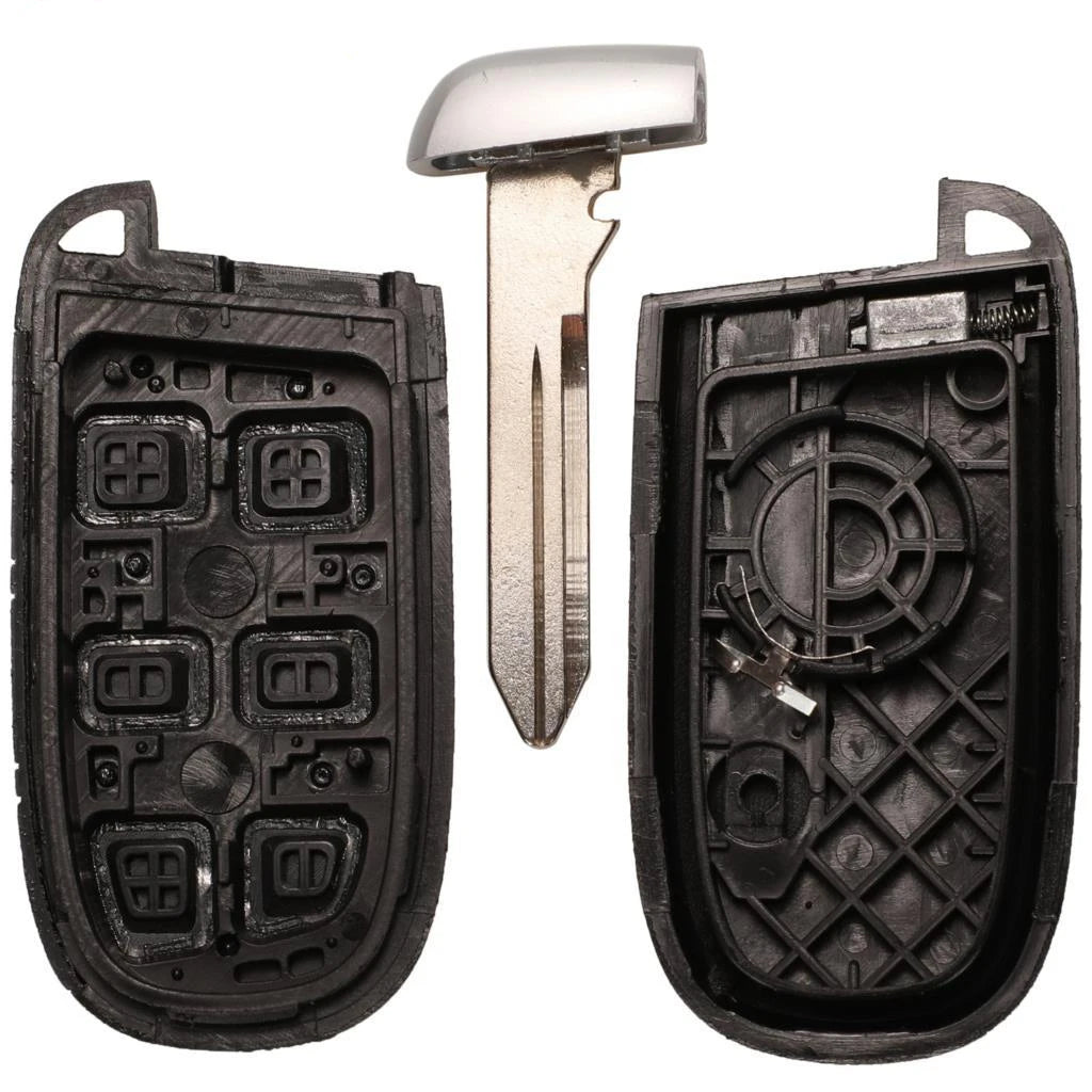 Replacement key fob shell for Jeep, Dodge, Chrysler & Fiat featuring a metal key blade and plastic housing.