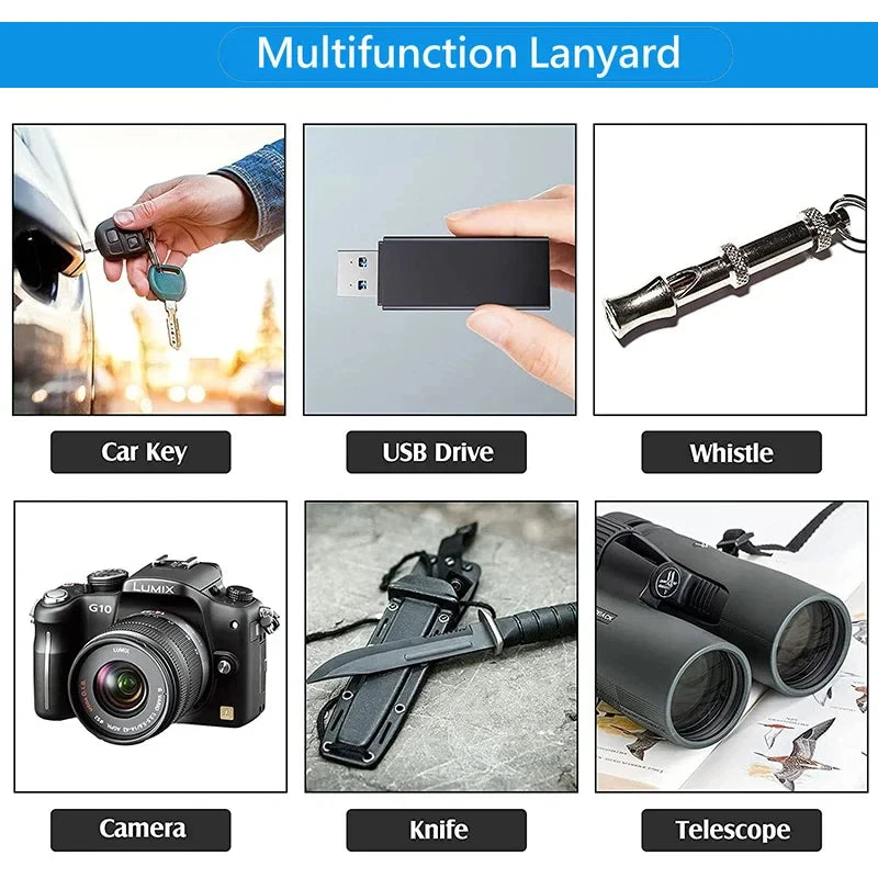 A multifunction lanyard keychain featuring a zinc alloy clip, used for car keys, USB drives, whistles, cameras, knives, and t