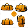 Yellow tactical nylon backpack shown in multiple views, featuring black straps and compartments.