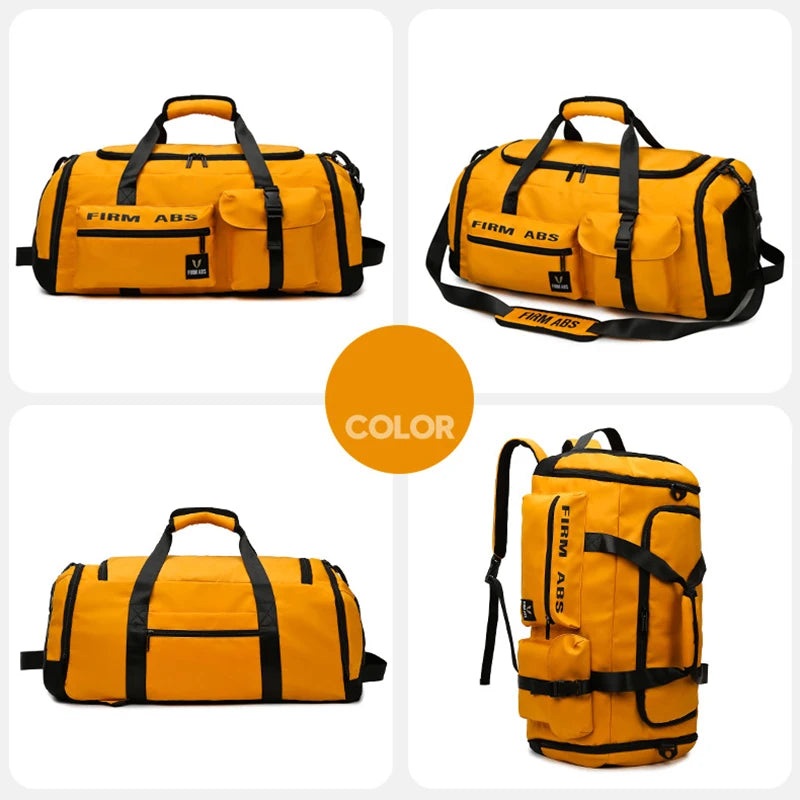 Yellow tactical nylon backpack shown in multiple views, featuring black straps and compartments.