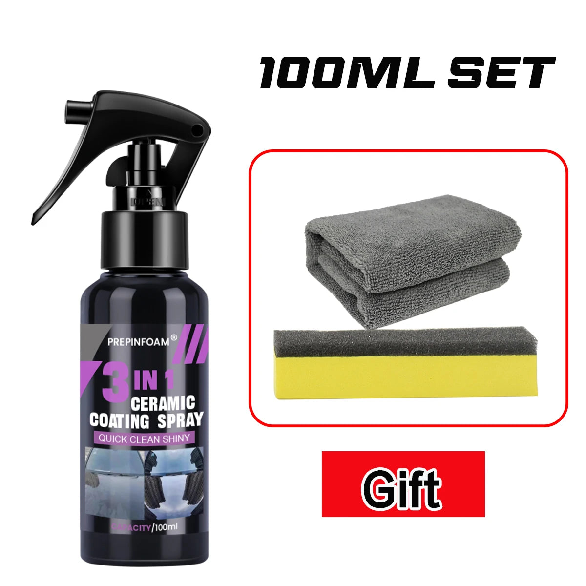 Lot de 100ml de spray de revêtement céramique pour protection automobile avec bouteille à pompe et chiffons microfibres