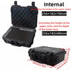 Black rugged waterproof hard case shown in multiple dimensions and angles.