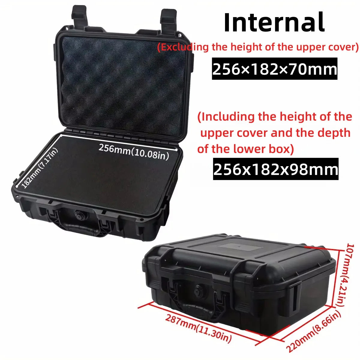 Black rugged waterproof hard case shown in multiple dimensions and angles.