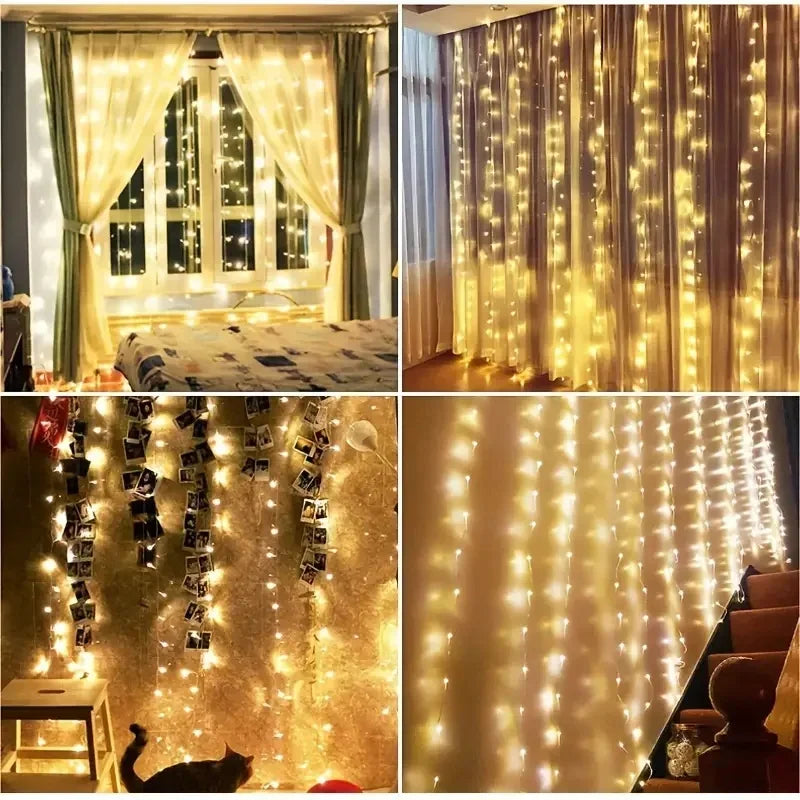 Close-up of warm yellow fairy string lights draped across a window and fabric, illuminating a room.