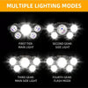Four lighting modes demonstrated on a headlamp, showing main light and side lights.