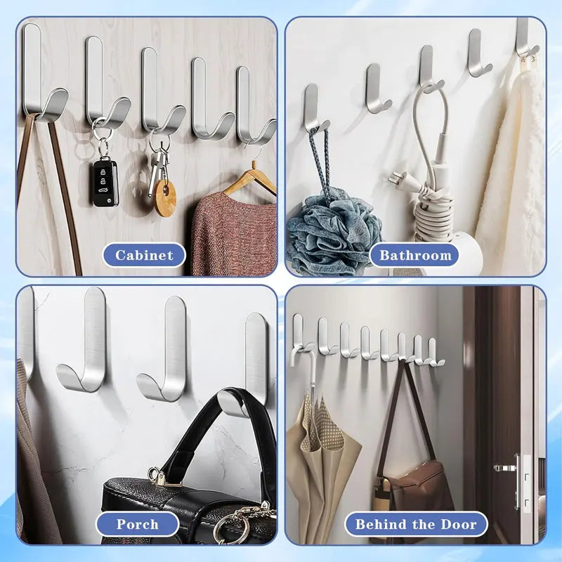Various uses of heavy-duty stainless steel self-adhesive wall hooks including cabinet, bathroom, porch, and behind a door.
