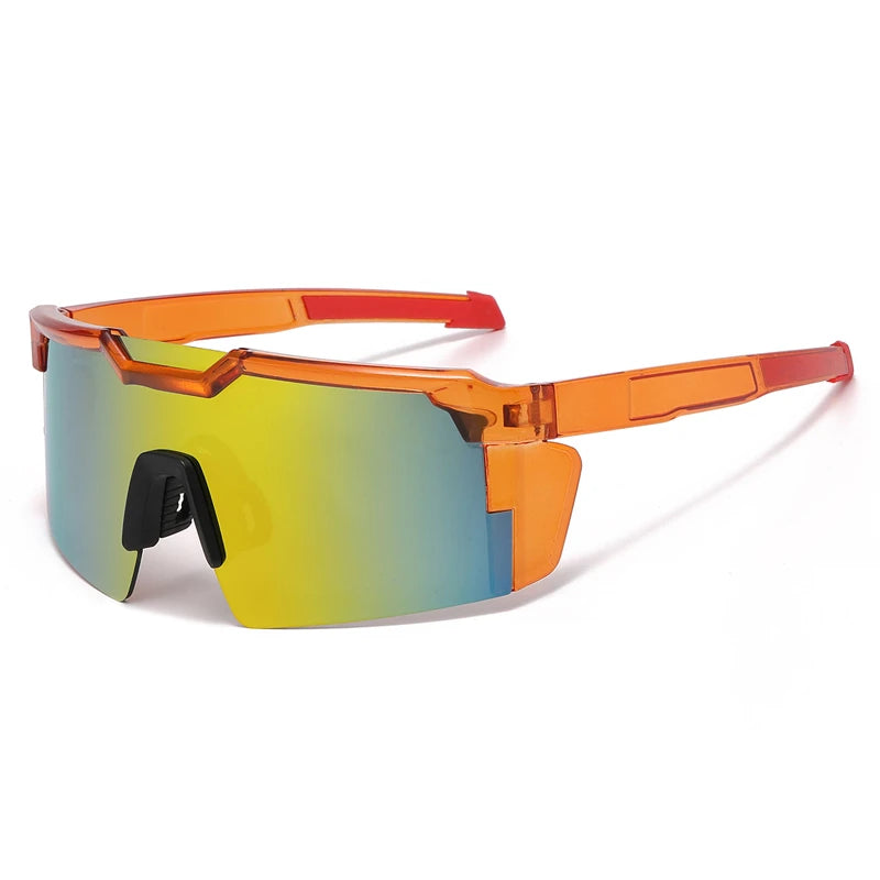 Orange-framed polarized sports sunglasses with yellow-green lenses shown against a white background.